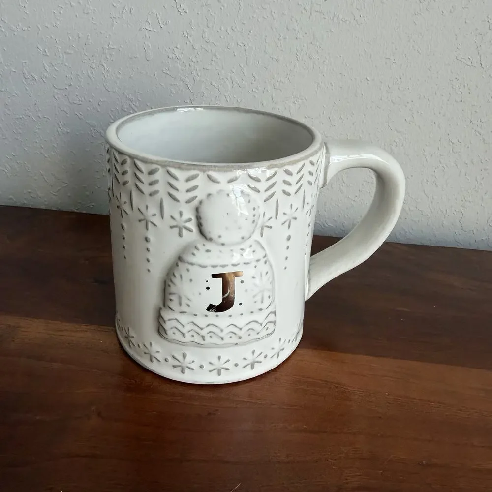 Anthropologie Holiday Christmas Coffee Mug Initial Letter J with Hat & Snowflake